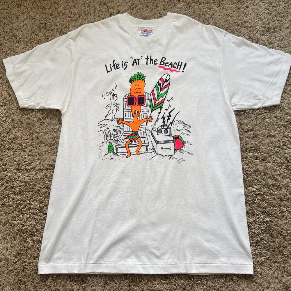 VINTAGE 1993 "LIFE IS AT THE BEACH" CARROT TEE MEN'S LARGE HANES HEAVYWEIGHT SS